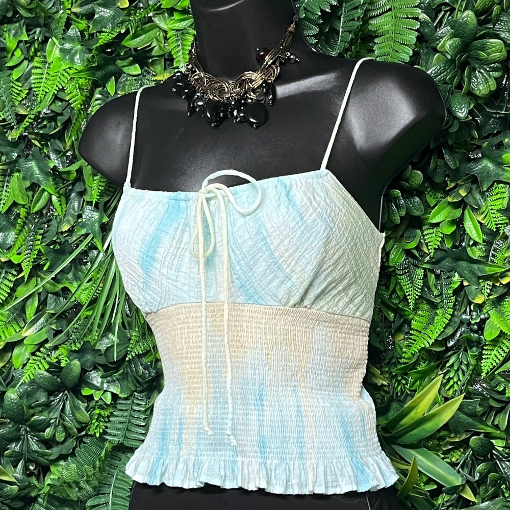 Zara Top Size M Blue White Tie Dye Smocked Tie Front Cami Ruffle Hem 2978‎